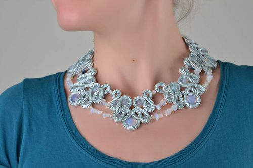 Unusual handmade blue soutache necklace with natural stone - MADEheart.com