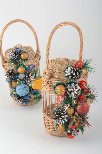 Handmade woven basket for blessing of water with lid decorated with cones - MADEheart.com