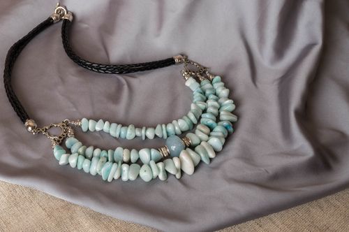 Handmade brass designer necklace on leather lace with agate and quartz - MADEheart.com