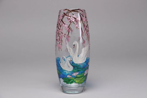 11 inches clear glass flower vase with swan picture 45 oz 1,34 lb - MADEheart.com