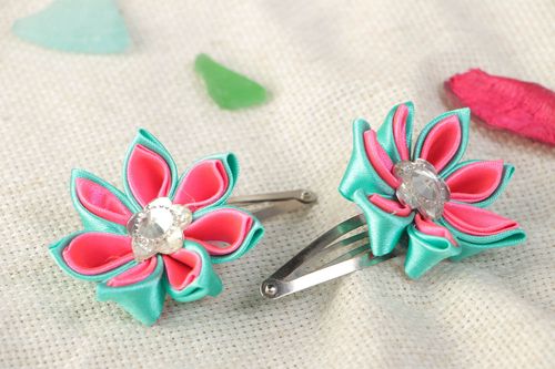 Set of gentle handmade kanzashi satin ribbon flower hair clips 2 pieces - MADEheart.com