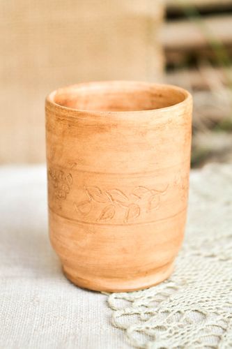 4 oz white clay no handle wine-drinking cup with rustic floral pattern - MADEheart.com