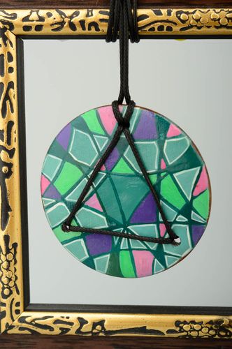 Pendentif bois naturel Bijou fait main peint rond original Accessoire femme, - MADEheart.com