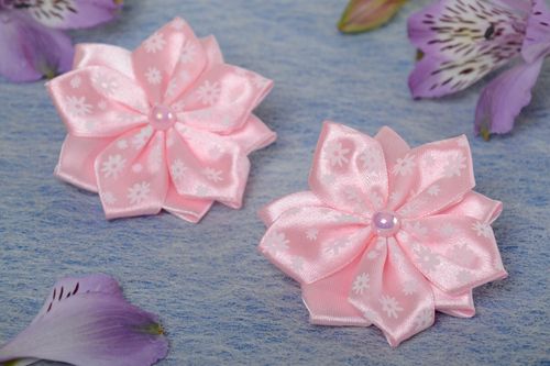 Set of handmade designer pink satin ribbon flower hair ties 2 pieces kanzashi - MADEheart.com