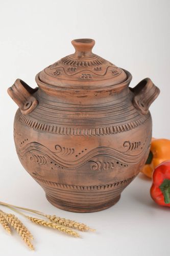 Handmade keramischer Topf mit Muster samt Deckel in Milchbrennen Technik 3 L - MADEheart.com