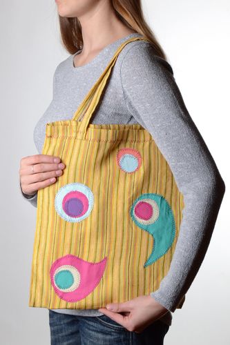 Handmade large ladies bag made of cloth with applique work in the form of balls - MADEheart.com