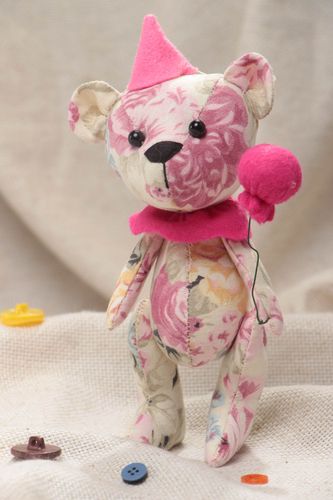 Handmade designer soft toy sewn of linen and felt Bear in pink color palette - MADEheart.com