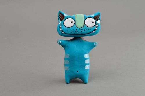 Figurine de chat faite main peinte bleue décoration originale en argile - MADEheart.com