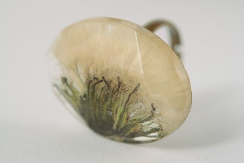 Handmade transparent botanical ring with real dandelion flower in metal frame - MADEheart.com