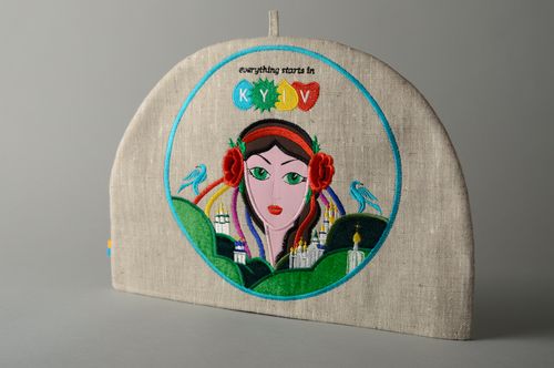 Linen teapot cozy with applique work Ukrainian Girl - MADEheart.com
