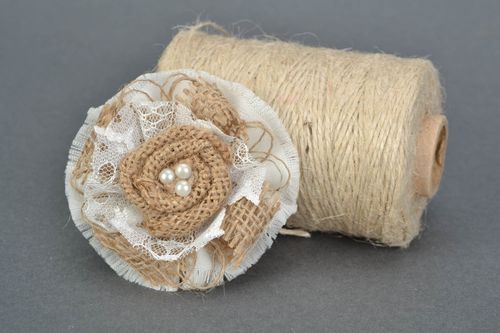 Handmade tender fabric beige and white volume flower brooch with burlap and lace - MADEheart.com