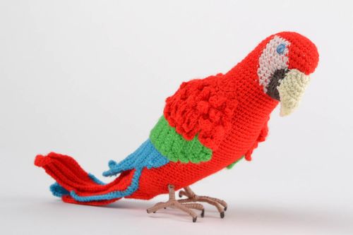 Handmade designer soft toy crocheted of colorful acrylic threads red parrot - MADEheart.com