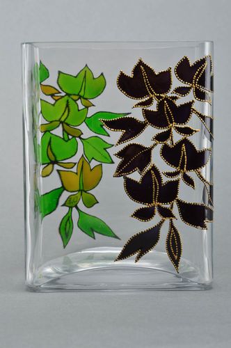 Florero de vidrio con pintura de vitral artesanal transparente verde negro - MADEheart.com
