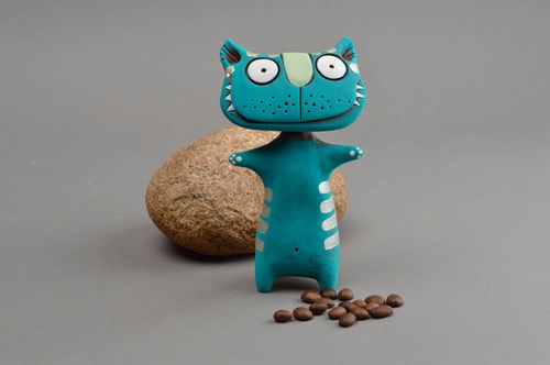 Keramische Statuette Katze gestreift schön grell handgemacht für Interieur toll - MADEheart.com