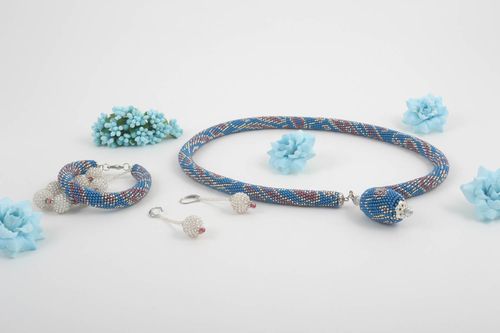 Schmuck Set Handmade Rocailles Armband Damen Kette Damen Ohrringe originell blau - MADEheart.com