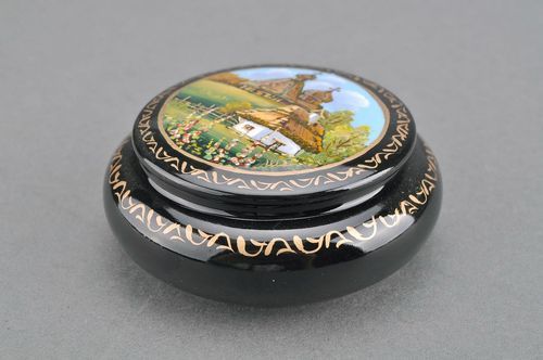 Wooden round jewelry box with convex edges Village Church - MADEheart.com