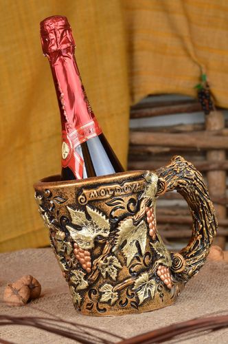 Decorative handmade holder for wine or champagne bottles in form of ceramic mug - MADEheart.com
