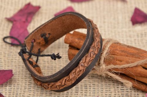 Handmade designer genuine leather wrist bracelet with ties styled of snakeskin - MADEheart.com