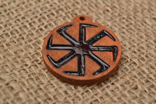 Slavonic handmade round amulet pendant made of wood Cross of Lada the Virgin - MADEheart.com