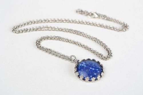 Handmade round blue glass pendant with image of Pisces on long metal chain - MADEheart.com