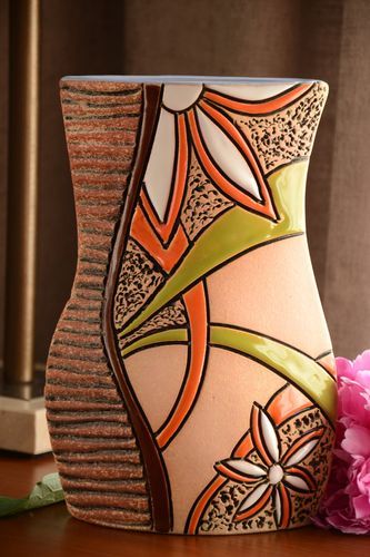 10 inches floral style ceramic handmade vase décor in green, orange, and beige colors 2 lb - MADEheart.com