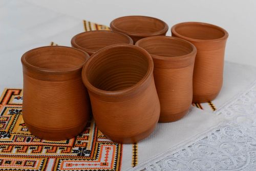Set of 6 (six) terracotta clay 7 oz cups with no handle in Mexican style - MADEheart.com