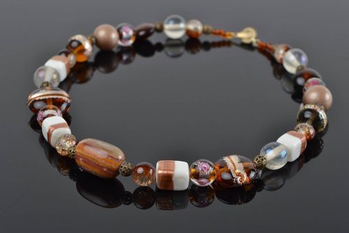 Handmade designer womens necklace with natural stone and glass brown and white - MADEheart.com