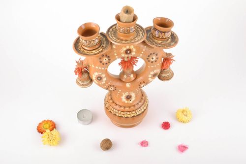Clay holder for three candles decorated using flyandrovka technique - MADEheart.com