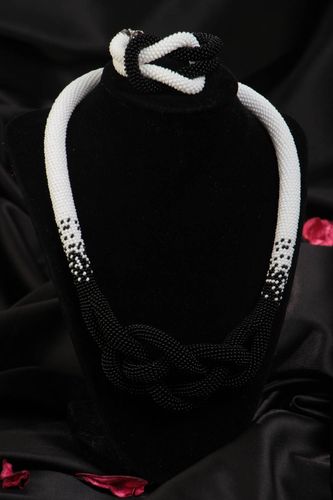 Beaded jewelry necklace and bracelet in shape of cords black and white beautiful - MADEheart.com