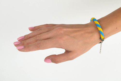 Handcrafted womans bracelet yellow and blue beaded accessory crocheted accessory - MADEheart.com