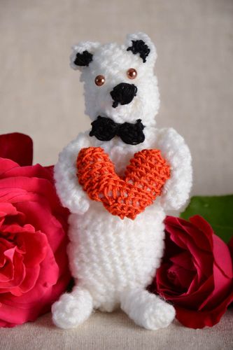 Black and white handmade small crochet soft toy Bear with Heart - MADEheart.com