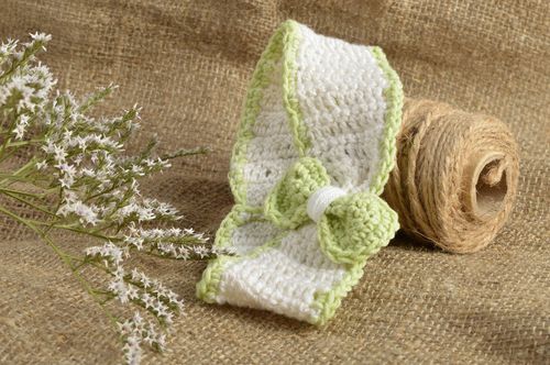 Beautiful white and green handmade childrens crochet headband with bow - MADEheart.com