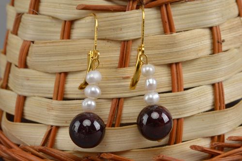 Unusual handmade gemstone earrings pearl earrings with garnet gifts for her - MADEheart.com