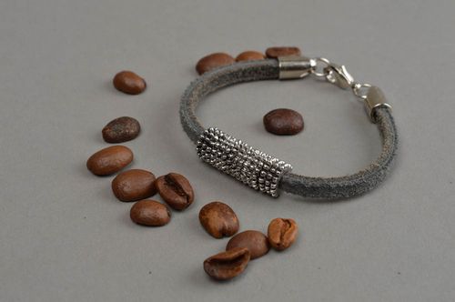 Designer handmade bracelet stylish leather accessory unusual grey jewelry - MADEheart.com