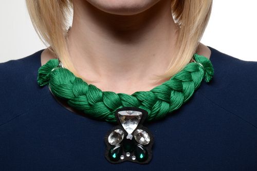 Handmade womens volume woven thread necklace of emerald color with chain and strasses - MADEheart.com