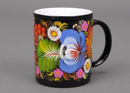 Art clay coffee mug in black and white color with Russian style floral bright pattern - MADEheart.com