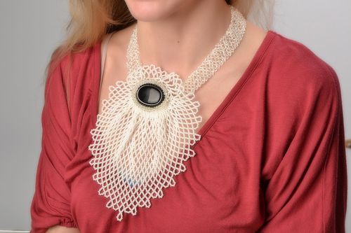 Handmade beaded large white necklace with natural stones Swan - MADEheart.com