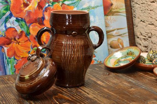 Bote de arcilla para productos a granel marrón artesanal esmaltado 1.3 l - MADEheart.com