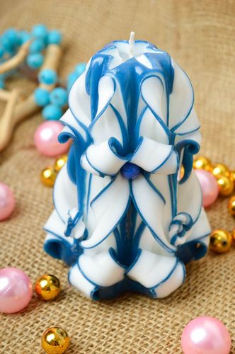 Bougie fait main Bougie paraffine sculptée bleu-blanc Décoration de maison - MADEheart.com