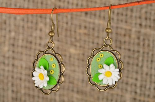 Polymer clay handmade designer oval-shaped green earrings with flowers - MADEheart.com