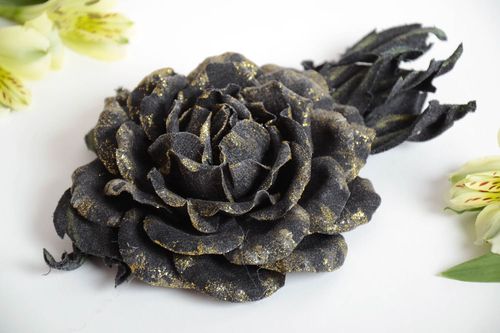 Handmade hair clip brooch with volume fabric flower of black and golden colors - MADEheart.com