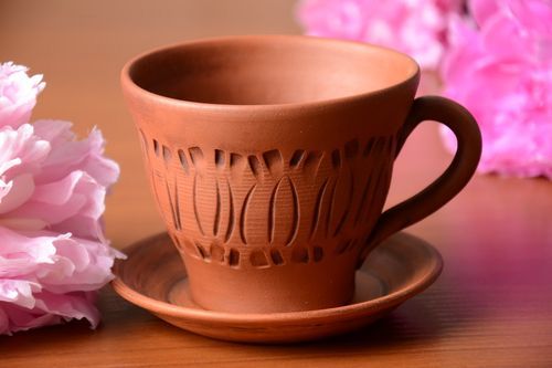 12 oz clay coffee cup in terracotta color with handle and saucer - MADEheart.com