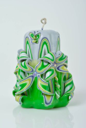 Beautiful carved handmade paraffin candle of green color for home decor - MADEheart.com