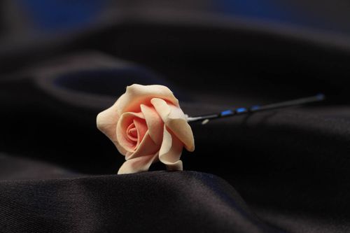 Handmade decorative hair pin with polymer clay rose flower of peach color - MADEheart.com