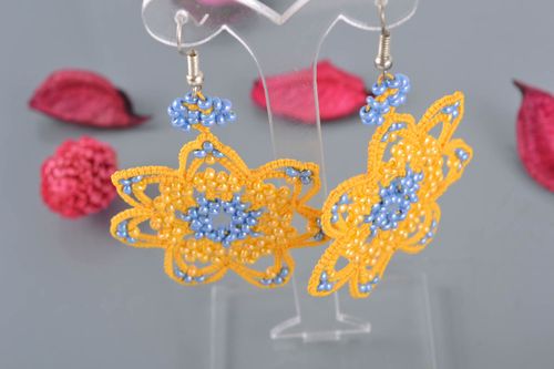 Tatting earrings with beads Yellow Flower - MADEheart.com