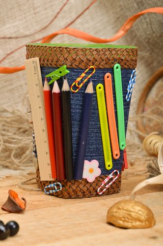 Unusual handmade pencil holder in the shape of glass with applique work - MADEheart.com