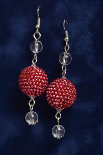 Unusual beautiful handmade designer beaded ball earrings of red color - MADEheart.com