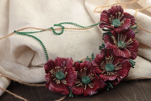 Beautiful handmade womens massive leather flower necklace on metal chain basis - MADEheart.com