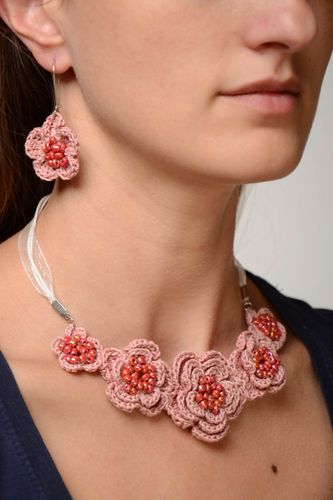 Set of handmade floral crocheted jewelry earrings and necklace in pastel colors - MADEheart.com
