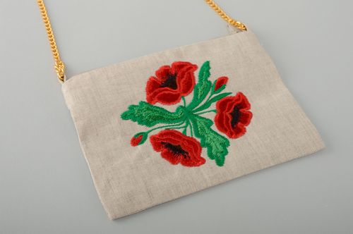 Handmade linen clutch bag with embroidery and applique work Poppies - MADEheart.com